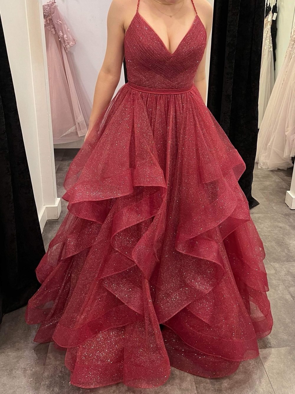 Glamorous Sparkling Burgundy Prom Ball Gown with Spaghetti Straps